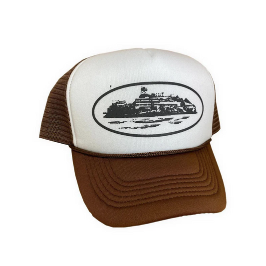 Corteiz Alcatraz Trucker Hat Brown/White